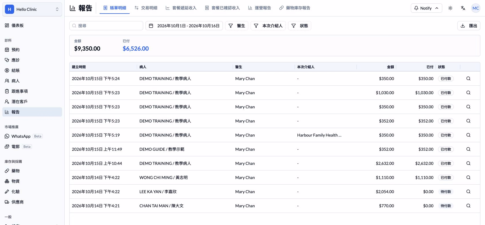 步驟 2 — 賬單明細的日期、金額、已付及右上方匯出按鈕。