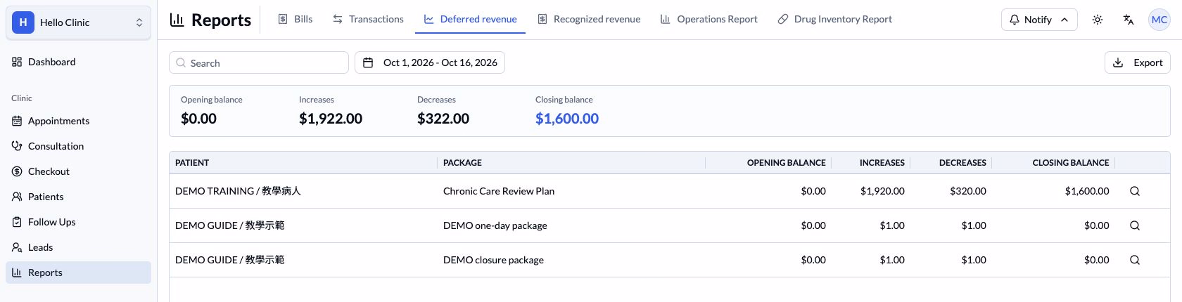 Step 4 — Deferred revenue shows the four value columns and Export.
