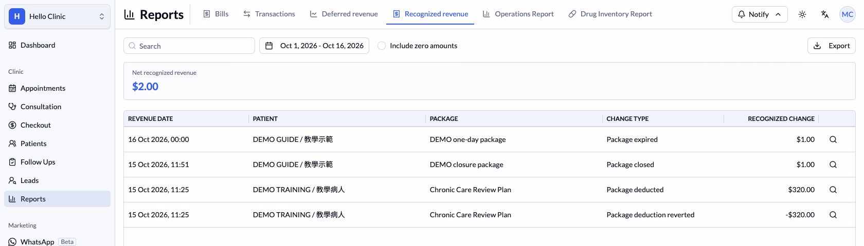 Step 4 — Package revenue events can include positive amounts, negative amounts, expiry and closure.