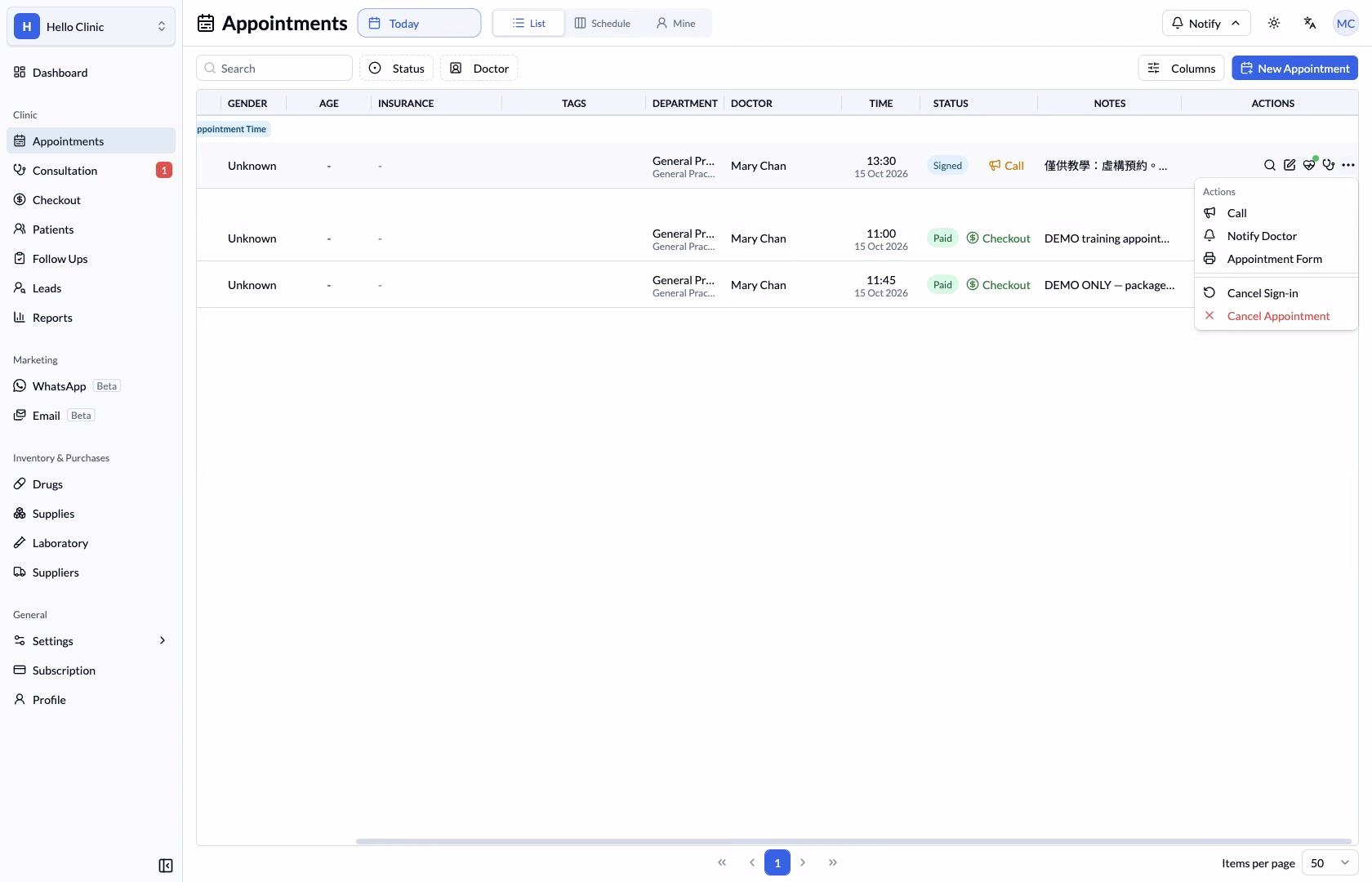 Appointment Actions menu showing available and disabled actions