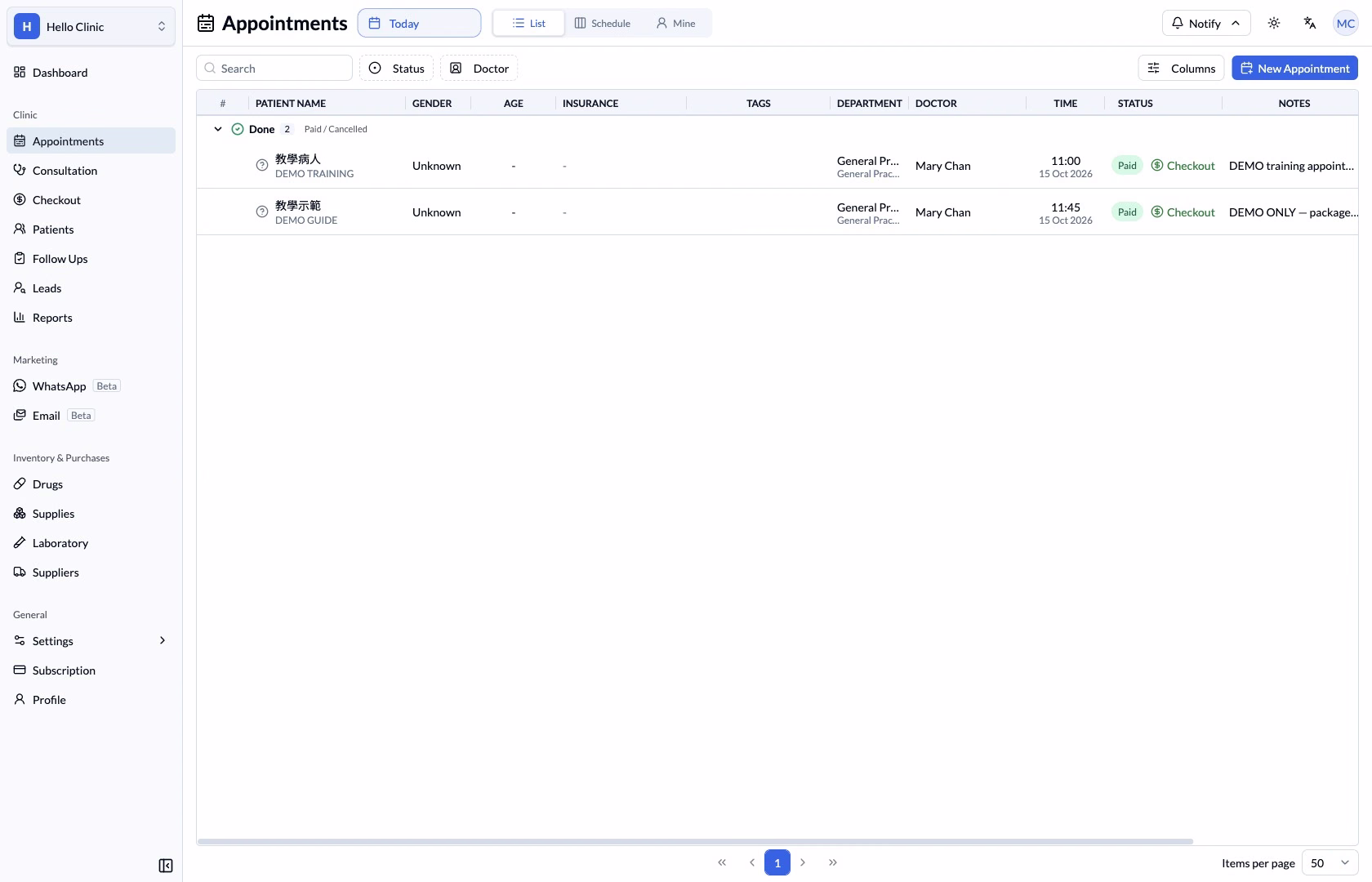English Appointments list with Today, List, Schedule, Mine and New Appointment