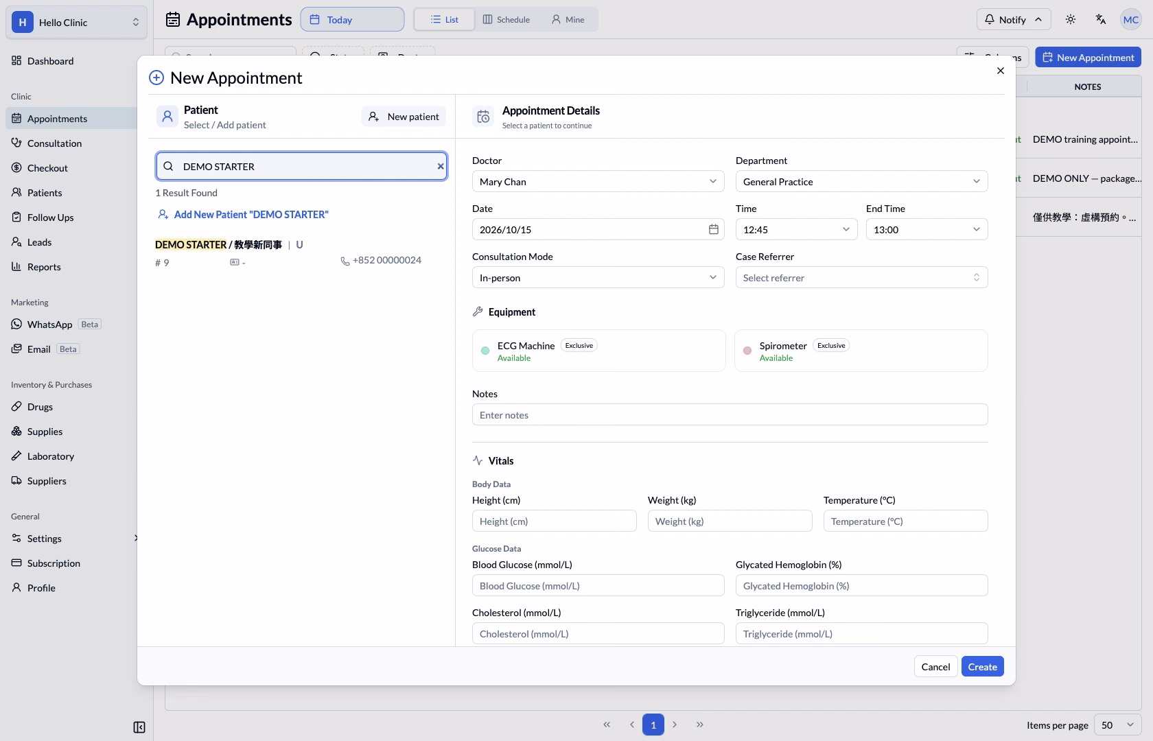 New Appointment patient search showing one DEMO STARTER result