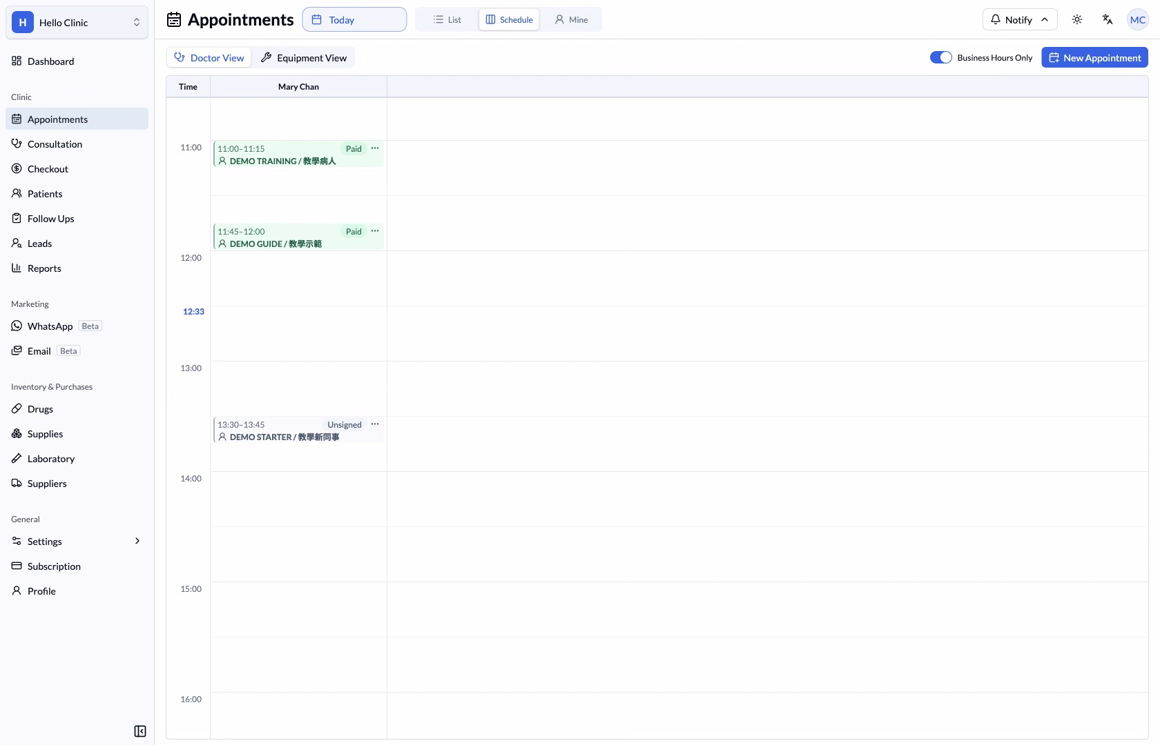 Doctor View schedule showing Mary Chan and the fictional appointment