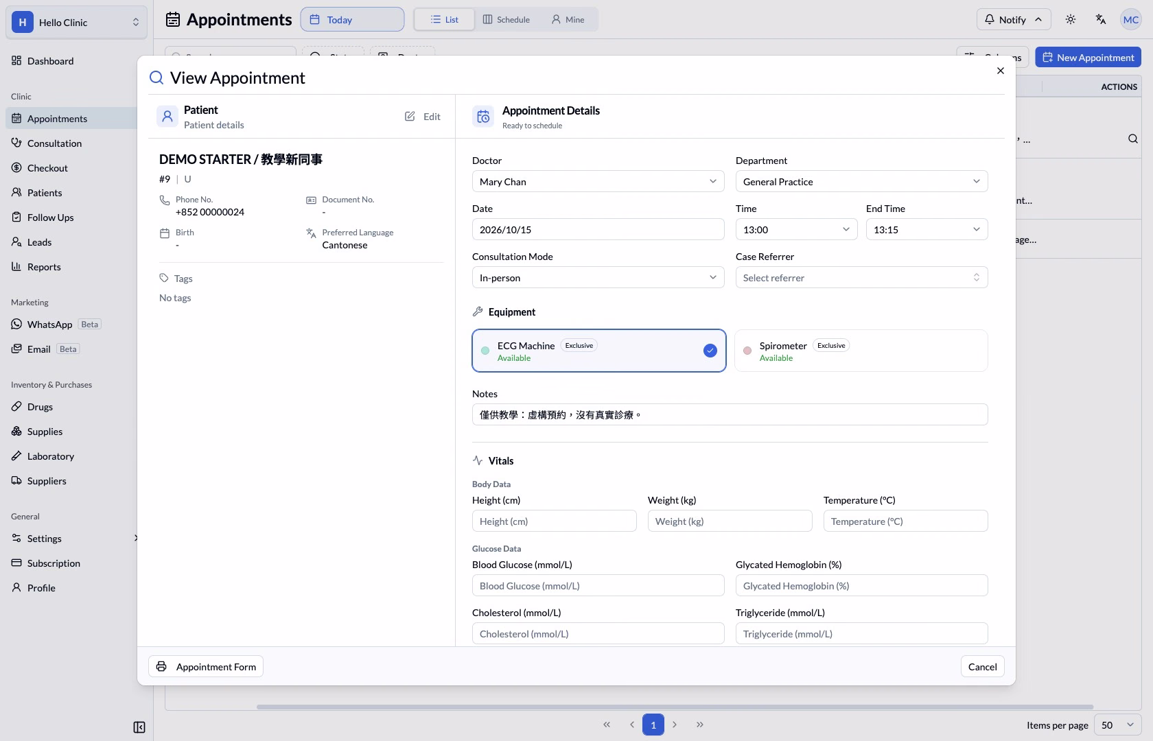 View Appointment dialog showing the fictional patient and booking details