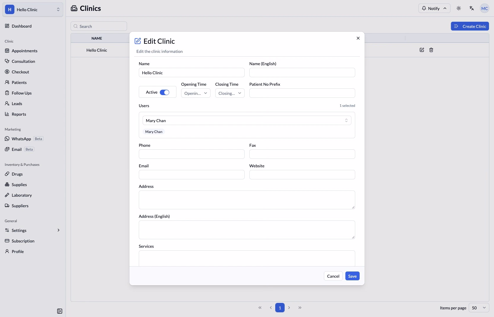 Clinic editor with shared name, hours, users and contact fields