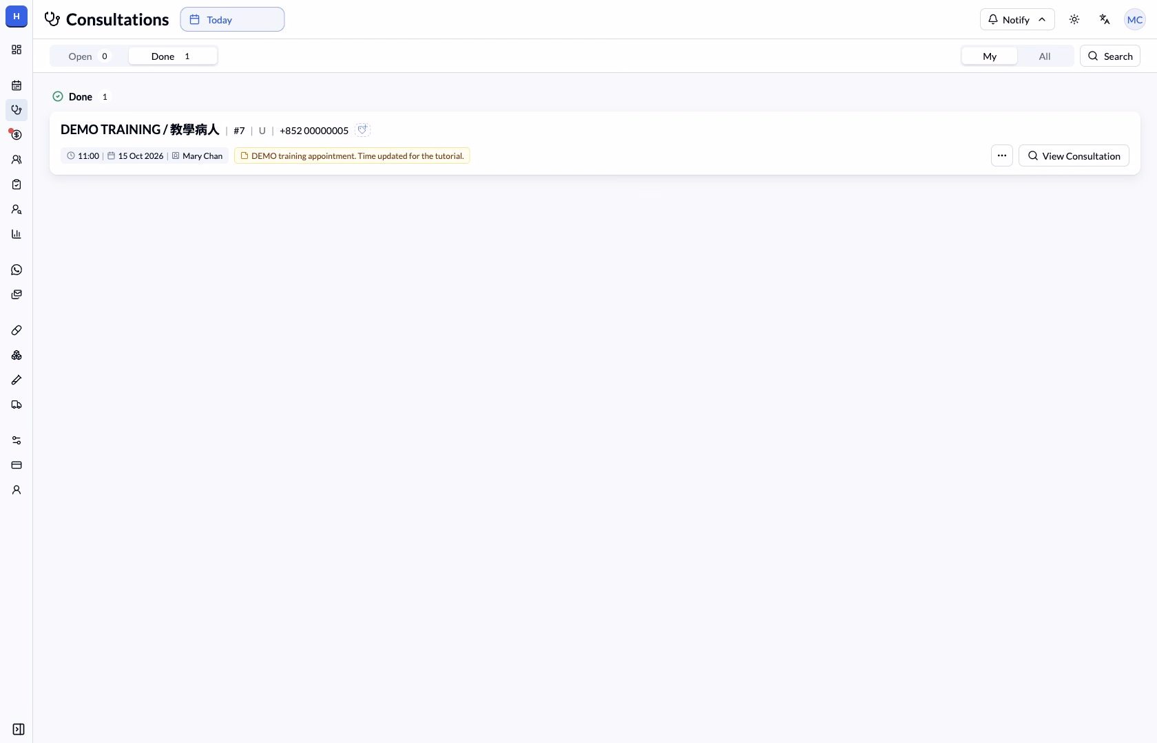 Done worklist with the completed fictional consultation
