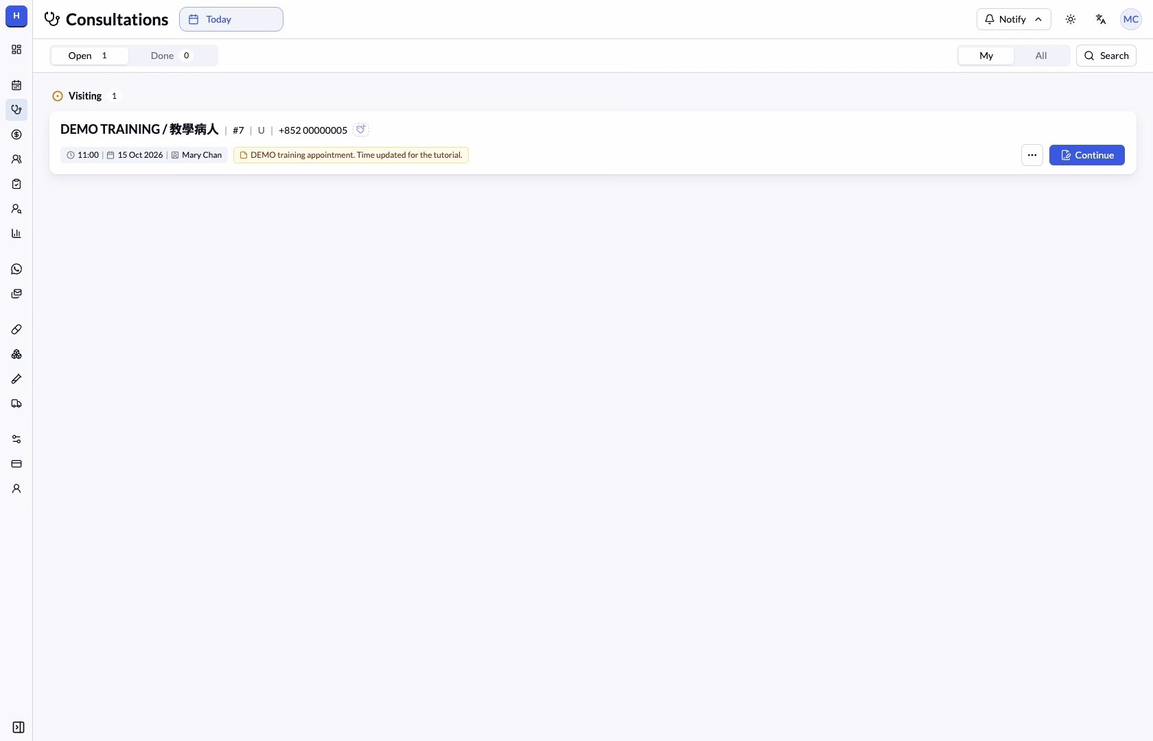 Open worklist with a fictional visiting patient