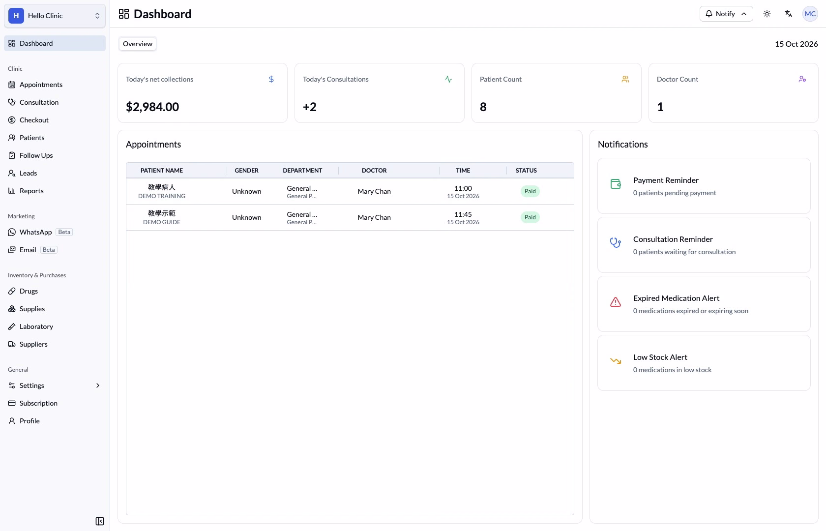 HelloClinic Dashboard in English, with overview cards, appointments and notifications