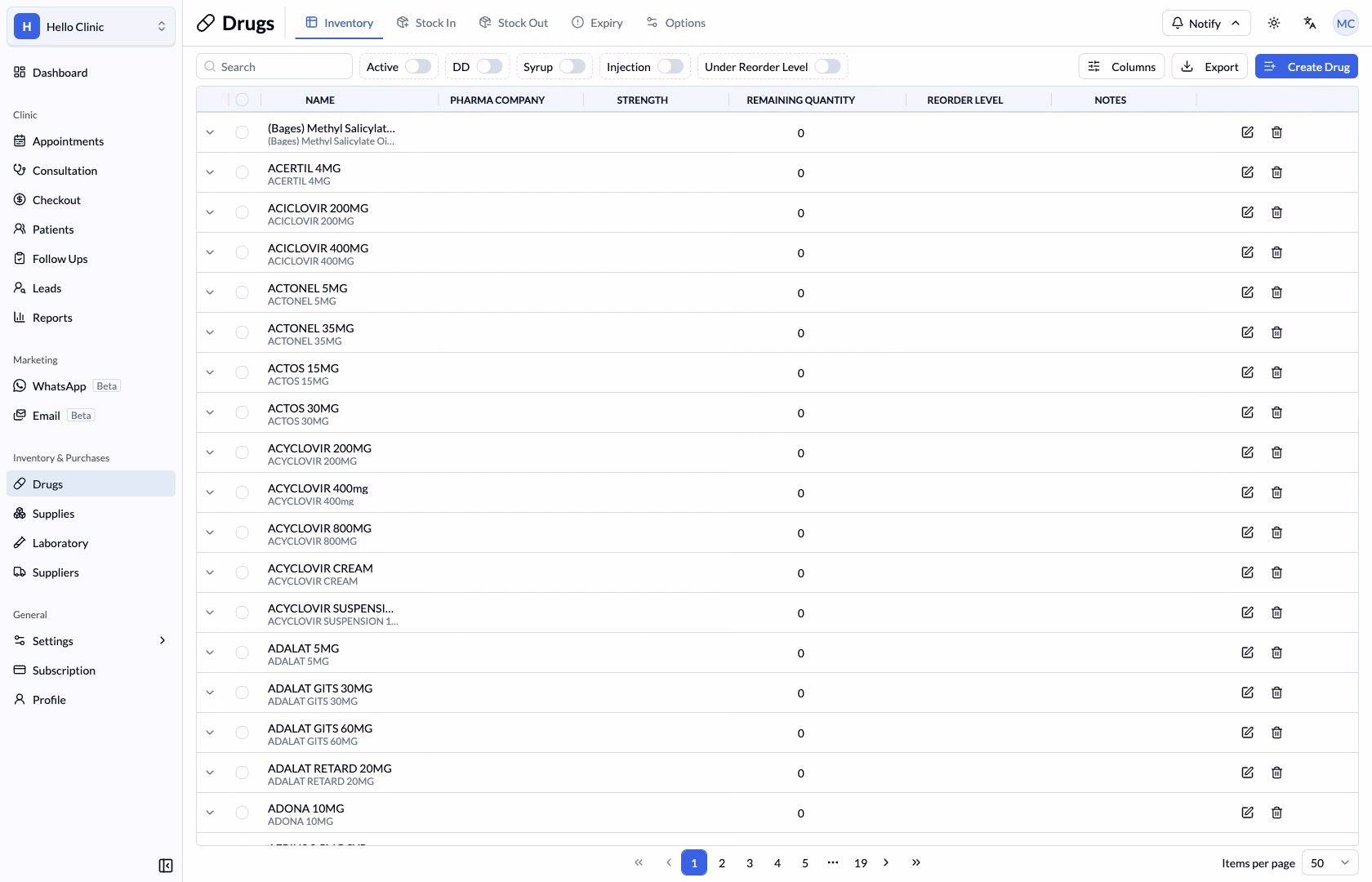 Step 1 — Search drug inventory. Check the name and remaining quantity.
