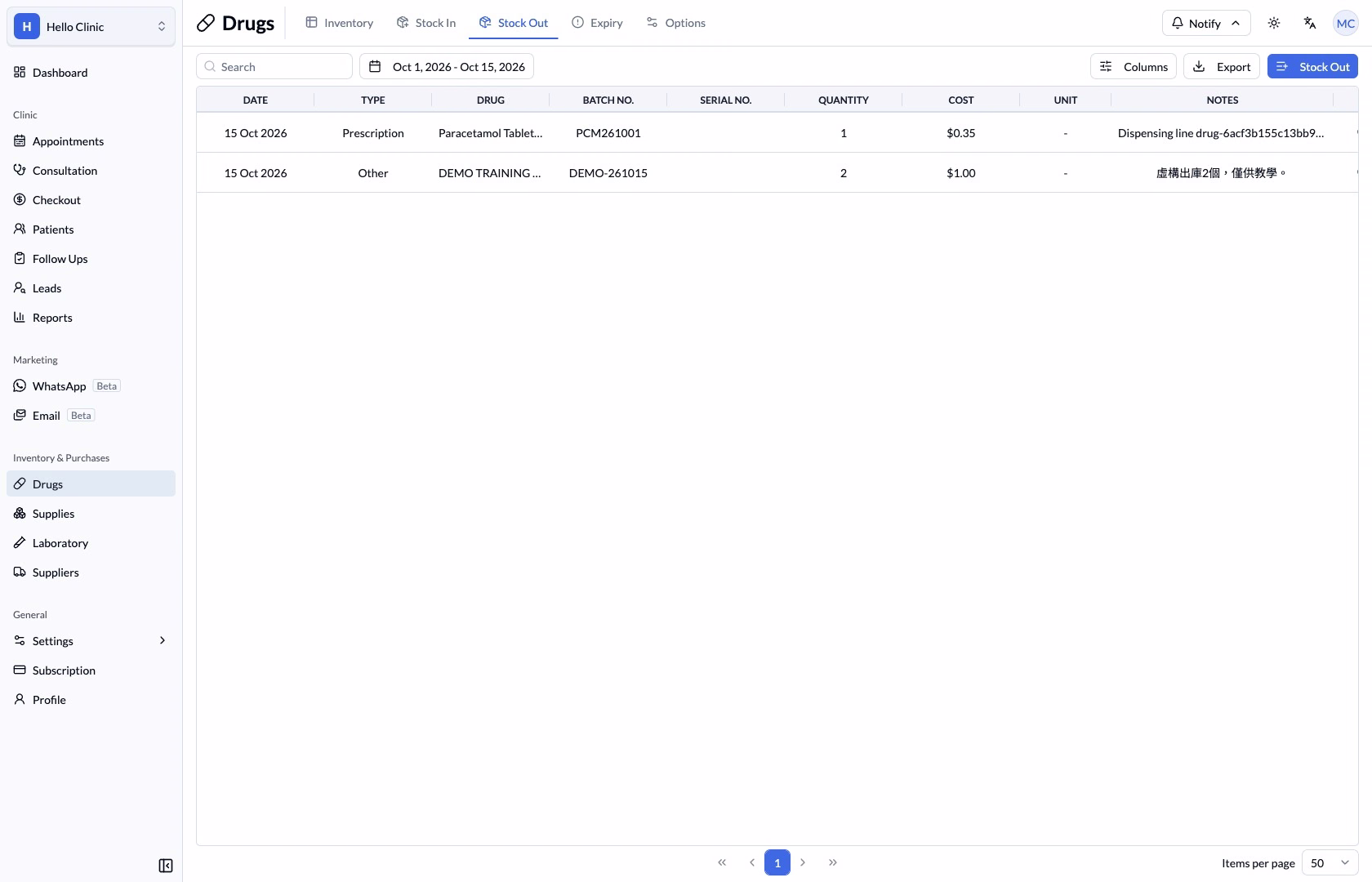 Step 8 — The stock-out list records 2 units issued.