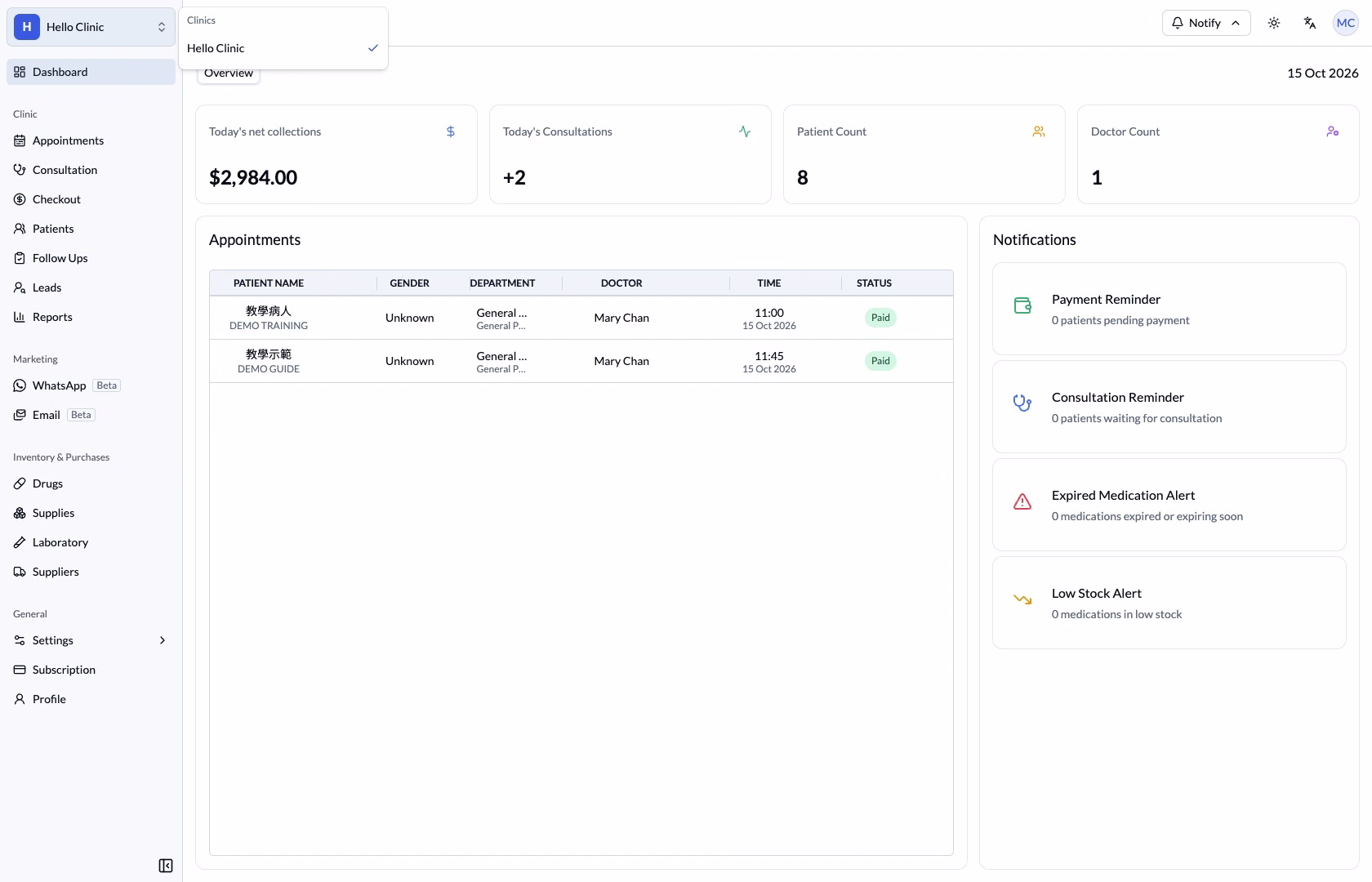 Open clinic selector showing the example clinic