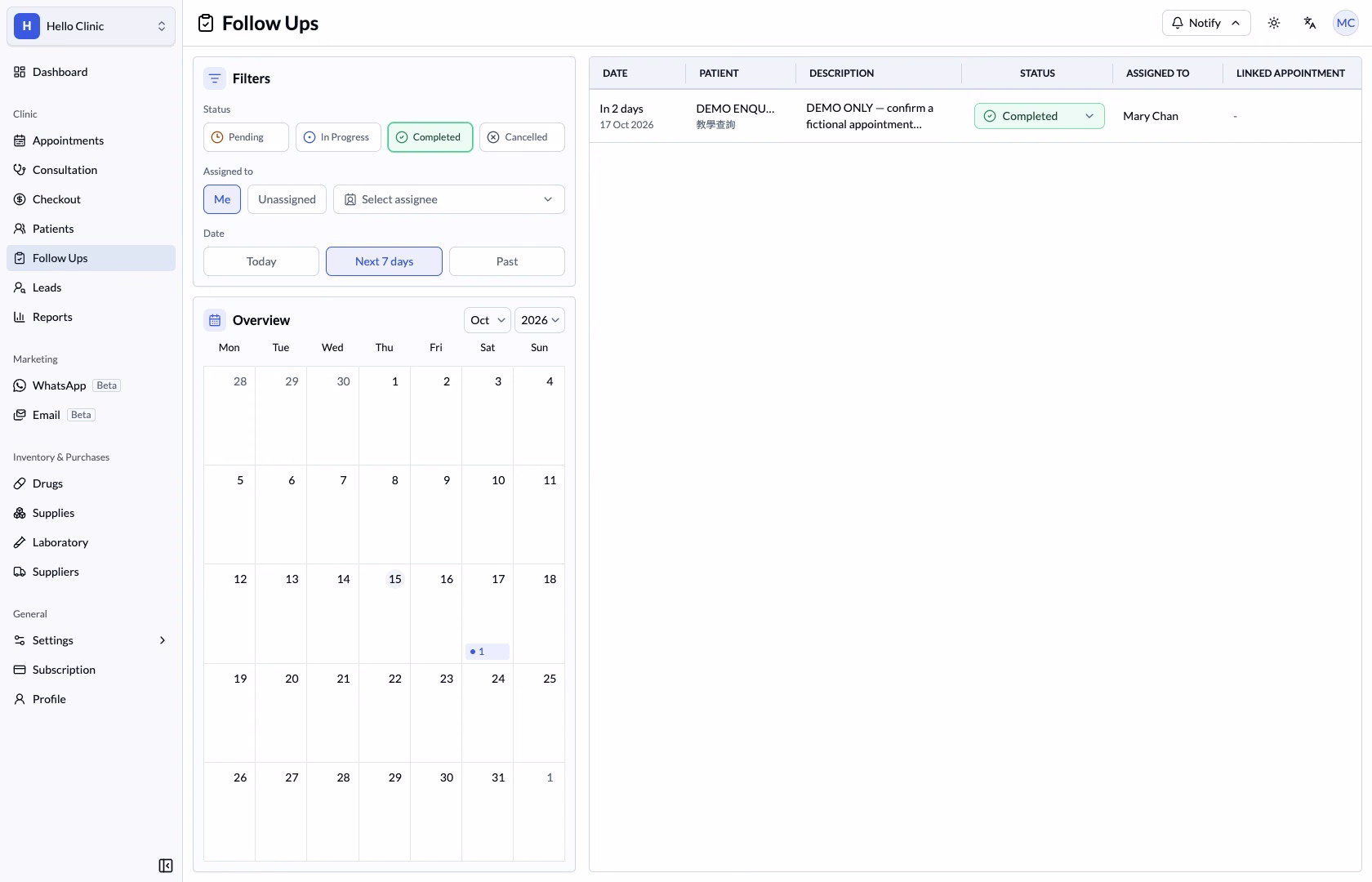 Completed example task visible in the matching date range