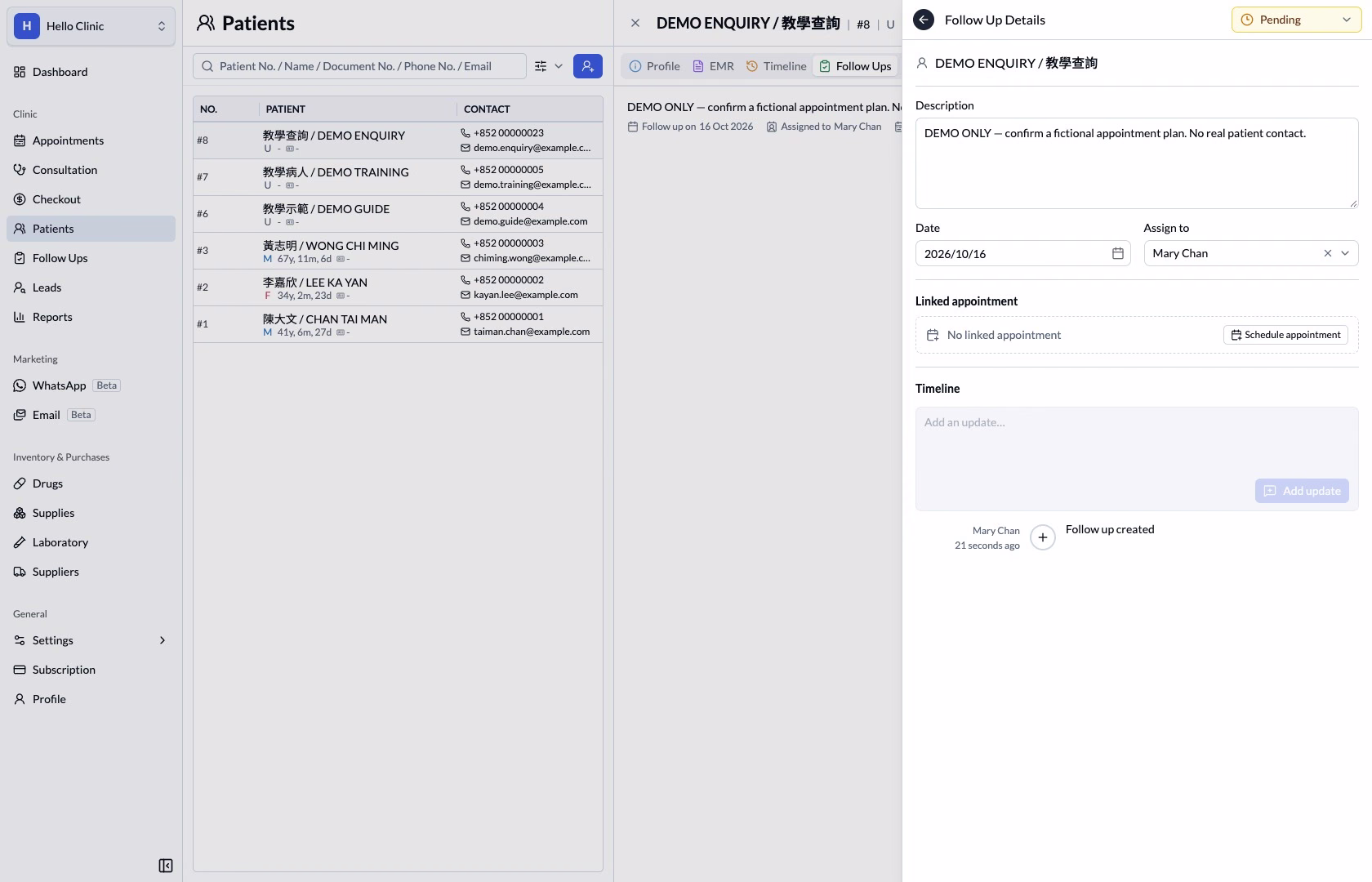 Follow-up detail drawer with task fields and timeline
