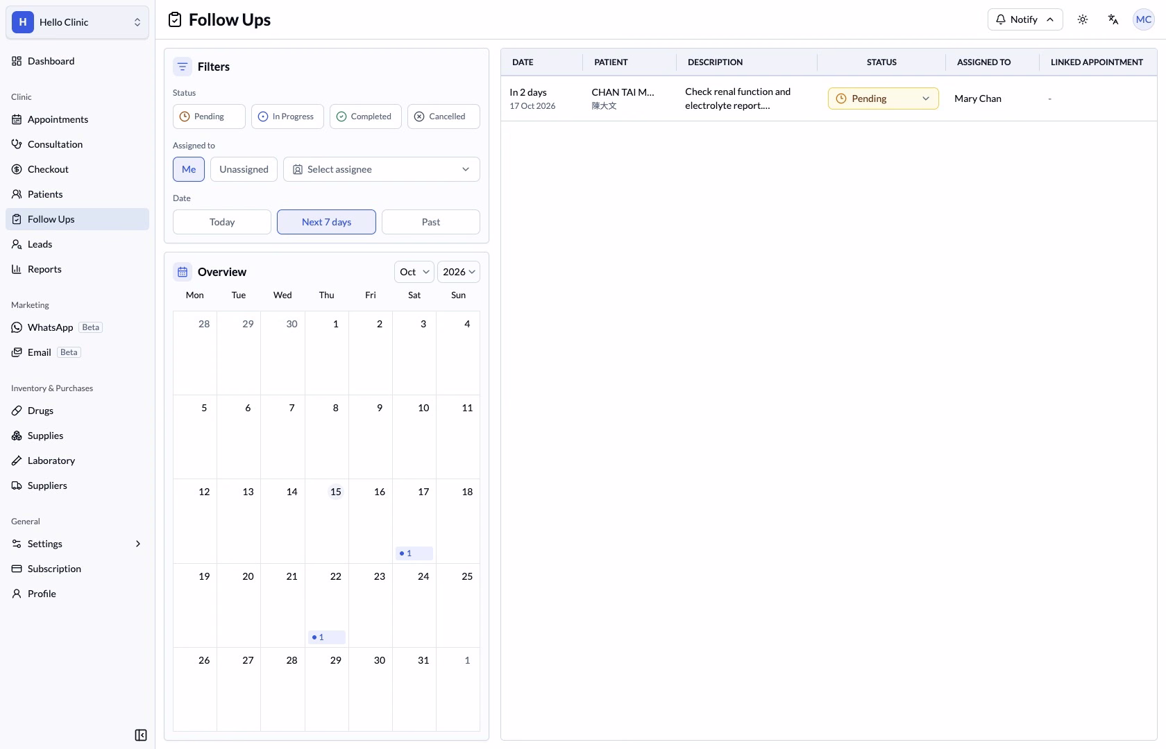 Follow-up worklist with date, status and assignee filters
