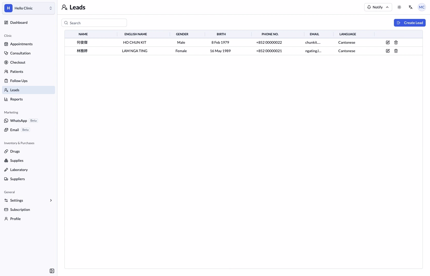 Lead list with search and edit and delete buttons