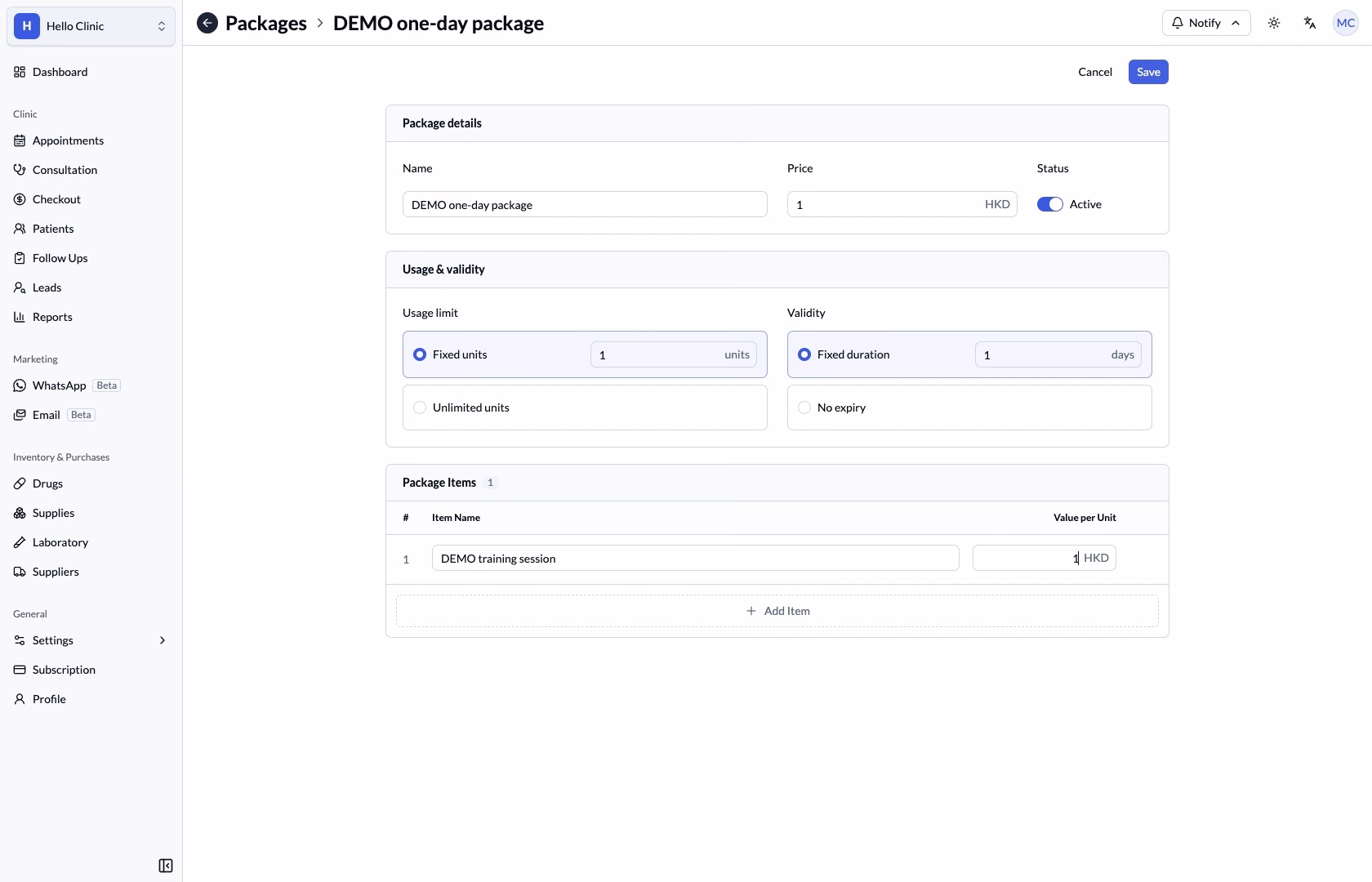 Fictional fixed package with a price of one dollar, one use and one day