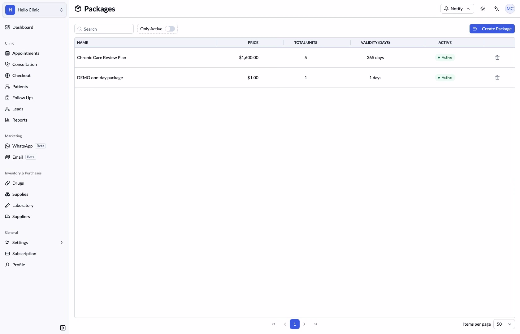 New one-day example package saved in the package settings list