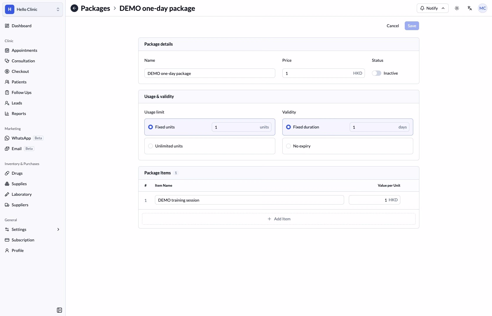 Saved package editor showing inactive status