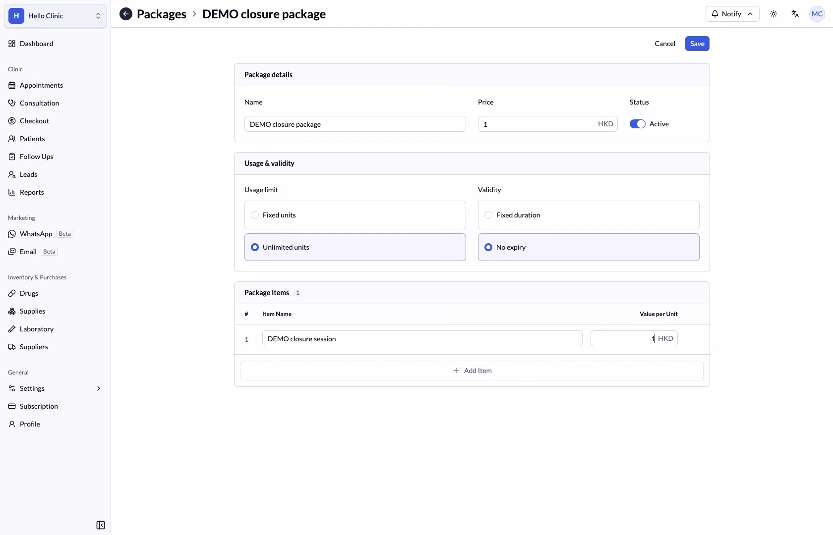 Package draft using unlimited units and no expiry