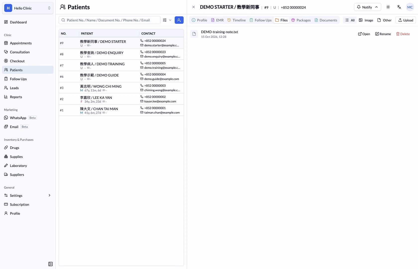 Uploaded fictional DEMO-training-note.txt in the patient's Files tab