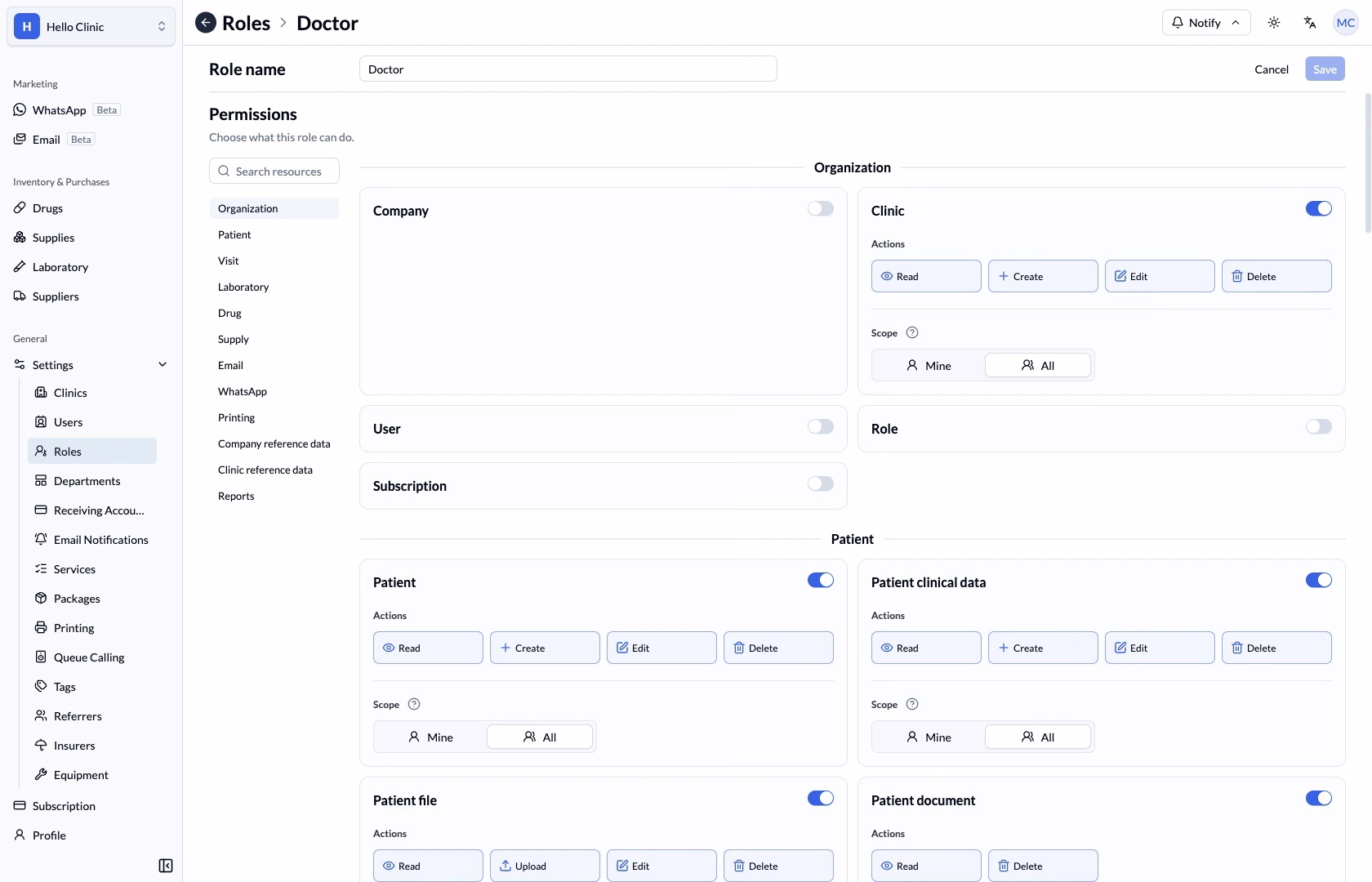 Role editor showing resource-specific actions and scope