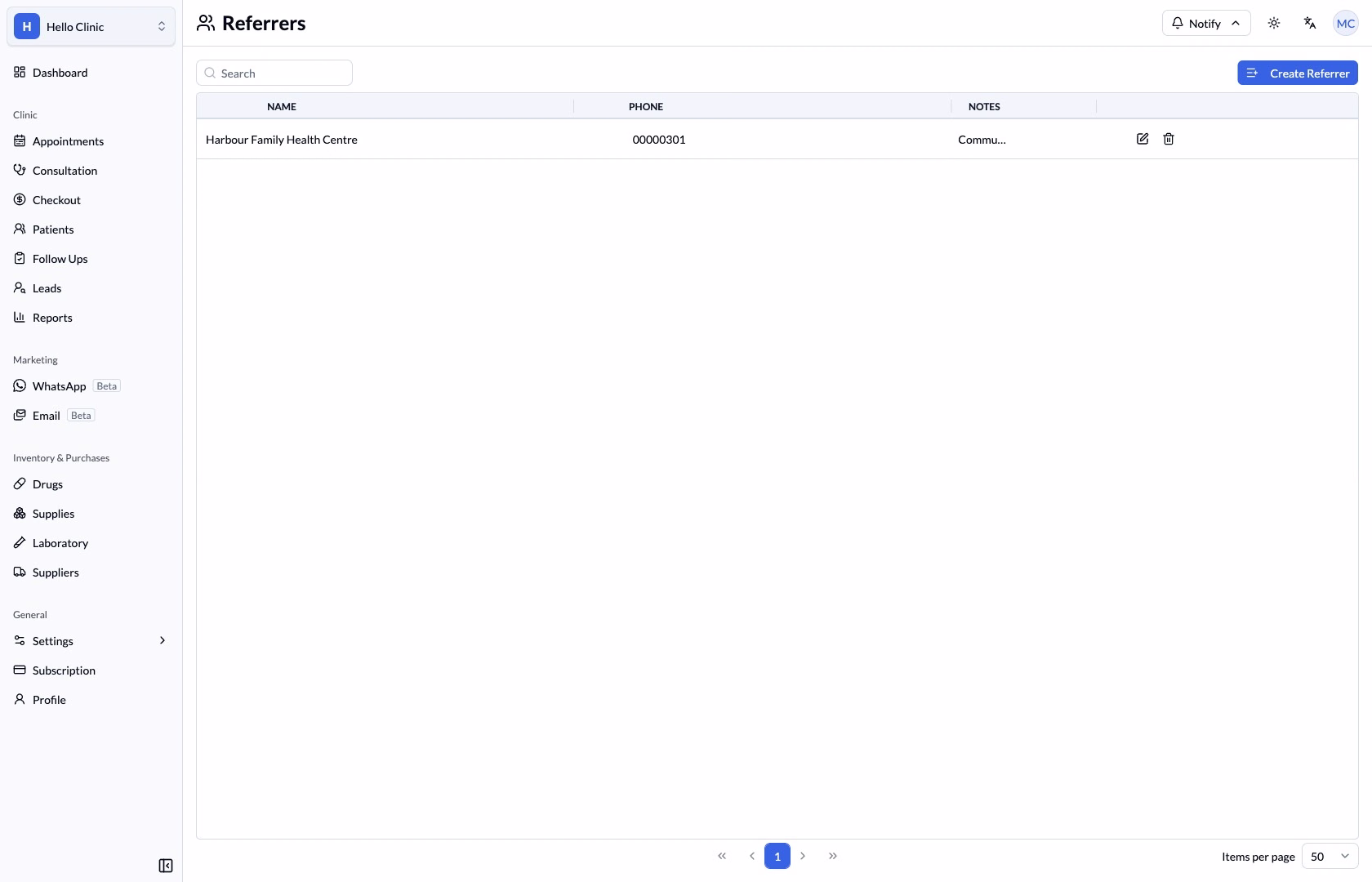 Step 7 — Referrers stores referral sources and contact details.