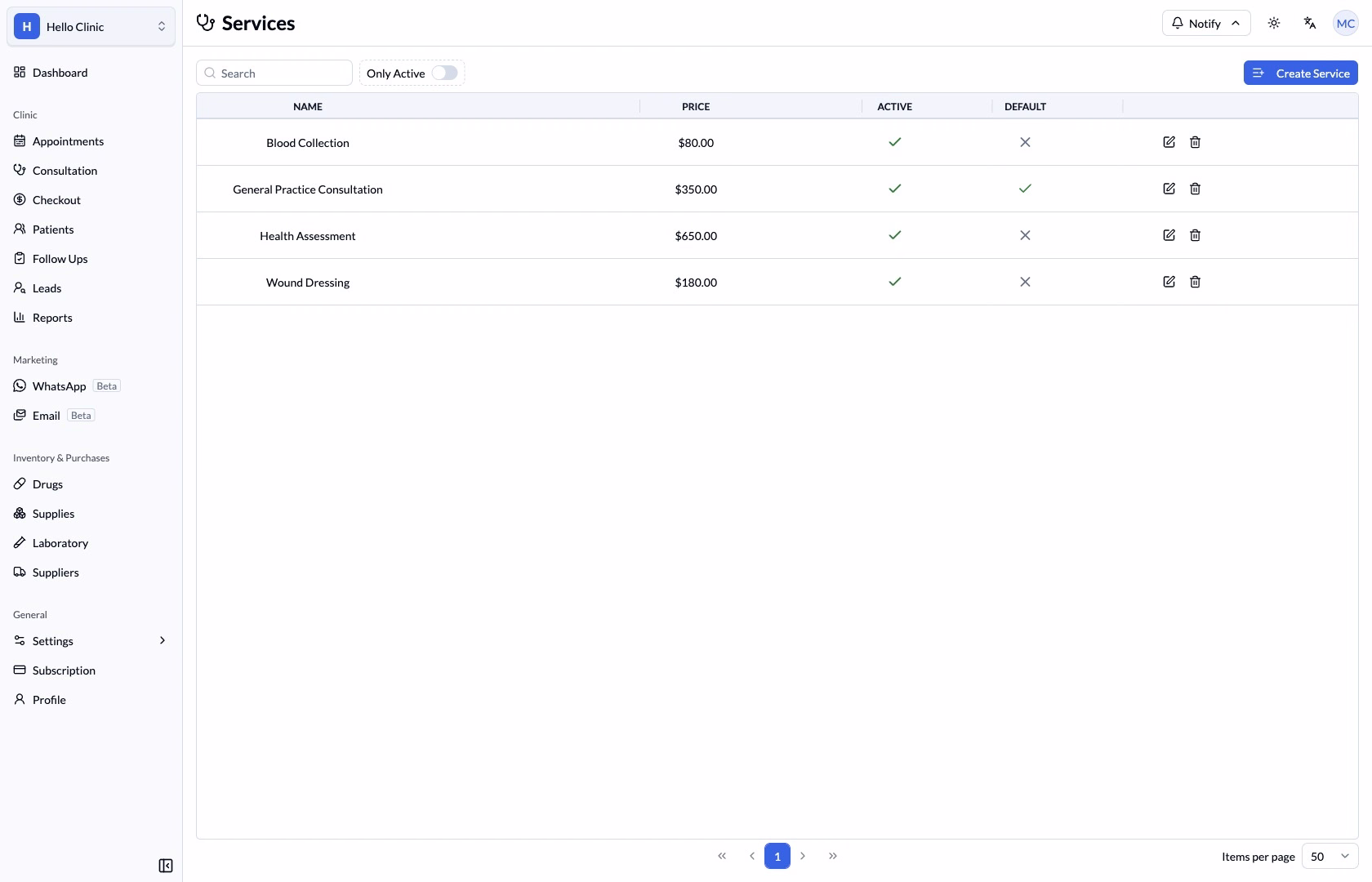 Step 3 — Check service names, prices and the active filter.