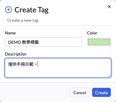Step 5 — A tag has a name, colour and description.