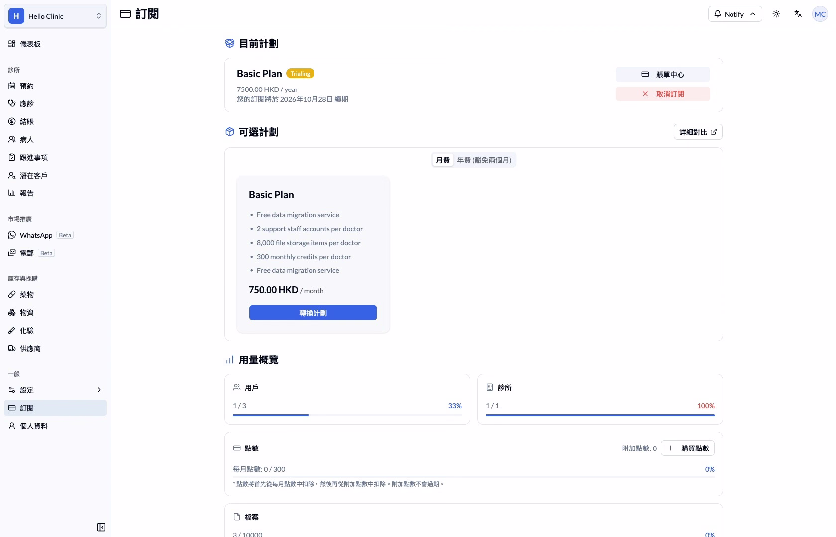 中文訂閱頁面顯示目前計劃及用量概覽