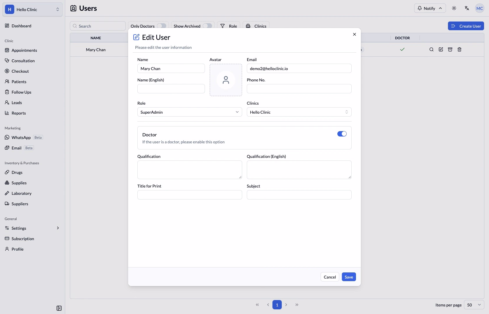 User editor with role, clinic membership and doctor fields