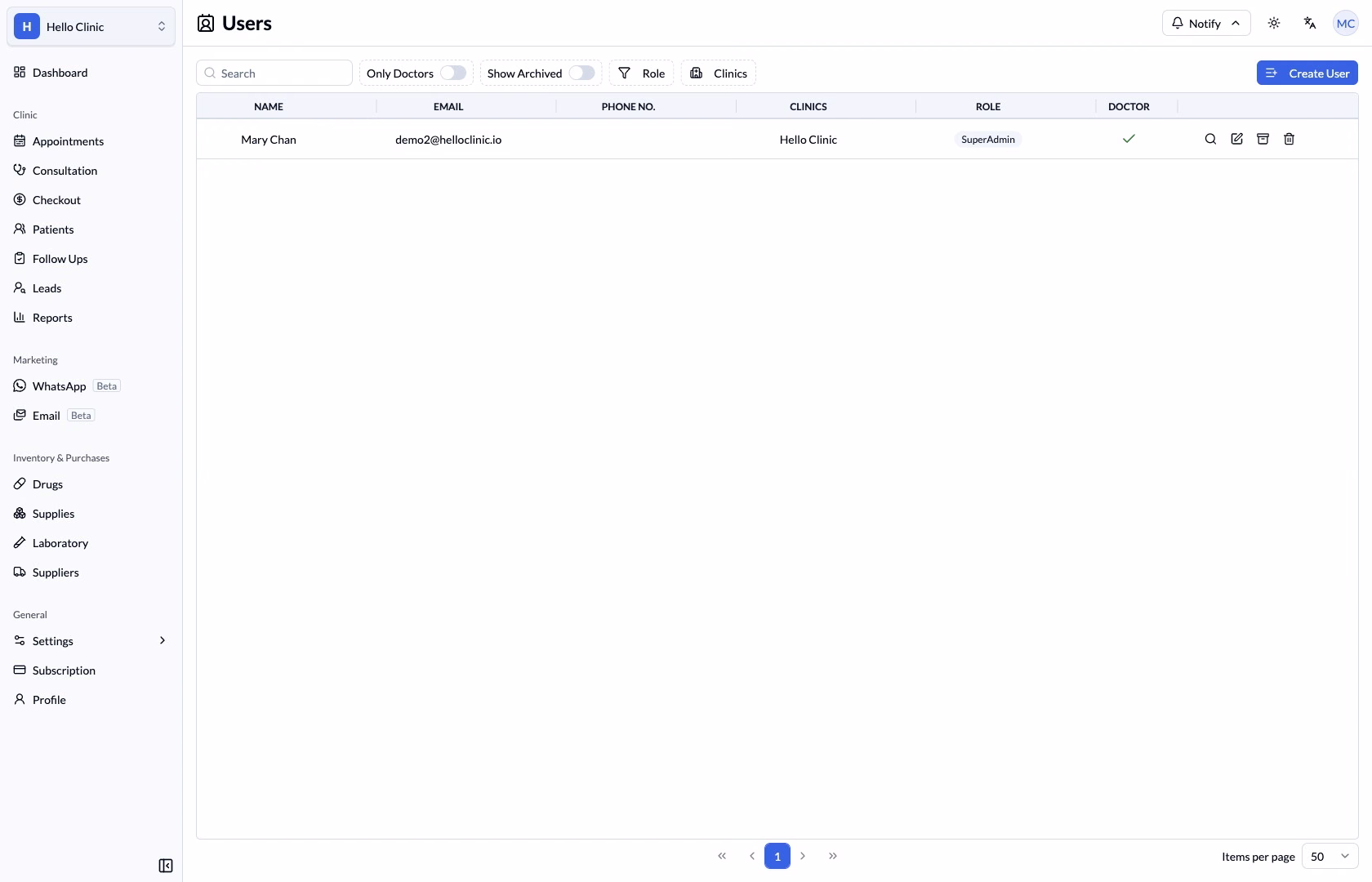 User list with role, clinic and filters